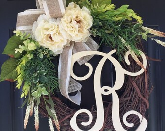 Everyday Wreath - Spring Wreath- Shabby Chic Wreath-Country Cream Peony Wreath - Wreaths- Monogrammed Wreath-Wreath-Summer Wreath - Gifts