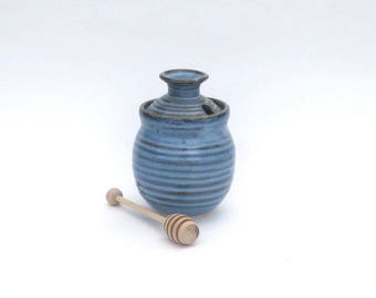 Honey Pot with Dipper - Pacifica Blue Spiral Glaze