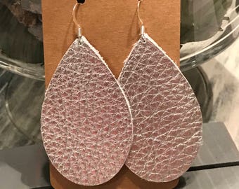Teardrop Leather Earring, Shinny Silver, Light Weight