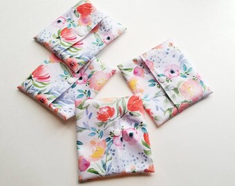 Watercolor flowers, cloth pads, incontinence pads, wet bag, pad wrap, cloth pad wet bag, pad wrapper, mini dry/wet bag, reusable snack bag.