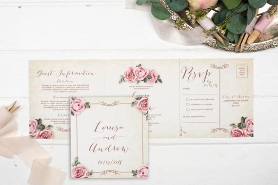 Vintage Wedding Invitation - Double-Folded Ivory Floral Framed (landscape)