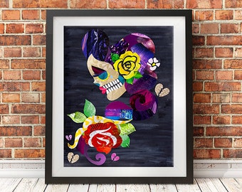 Sugar Skull, Skull wall art print, tattoo inspired art, mixed media collage art, day of the dead, artpoptart