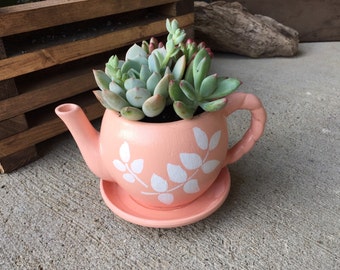 Custom ceramic tea cup kettle planter with stenciled design, indoor outdoor planter, succulents and small plant pot, gift idea