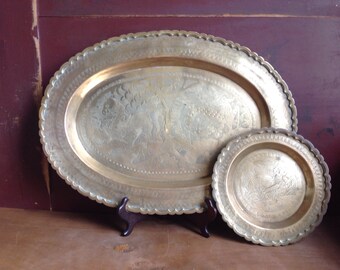Brass Trays Pair of Home Decor Trays Deer Chicjen Rooster