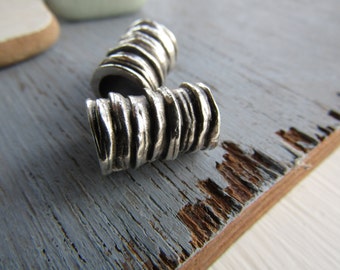 Antiqued silver beads, tube barrel ridged rustic , large hole , silver plated antiqued / pewter tone 10 x 16mm (choose qty) 8as4641