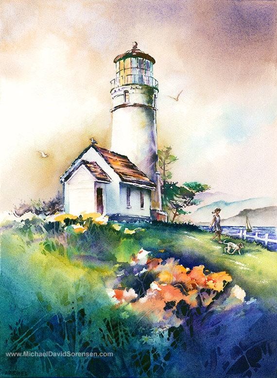 Cape Blanco Light Oregon Coast Lighthouse Watercolor Painting