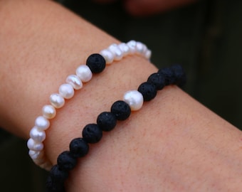 2 Matching Fresh Water Pearl and Diffusing Lava Bead Relationship Distance Bracelets | Couples Bracelet | Valentines Day Gift