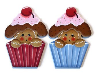 Ginger in Cupcake Fridge Magnet or Ornament, Handpainted Wood Refrigerator Magnet, Hand Painted Gingerbread Decor, Tole Decorative Painting