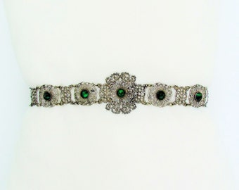 Antique silver filigree belt with emerald green Vauxhall glass stones, 1800's woman's belt, ornate Victorian belt