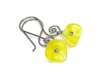 Niobium Earrings Yellow Flowers on Curly Niobium Earwires, No Nickel Swirl Earrings, Buttercup Yellow Flowers Earrings for Sensitive Ears