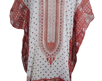 Boho Chic Lightweight Short Caftan Dress Red White Dashiki Print Kimono Sleeves Beach Cover Up Resort Wear ONE SIZE