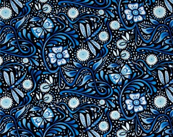 Night Sky Fabric by the Yard, Quilt, Novelty, Floral, Luminaria, Summer, Dragonfly, Firefly, Blue, Black, Fat Quarter, Butterfly, Decor