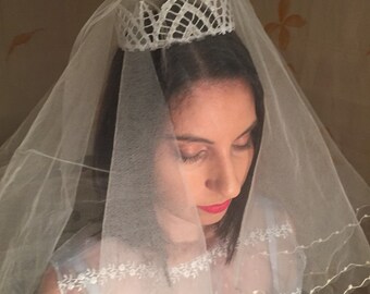 Bridal tiara crown headpiece made from 1920s lace and beaded