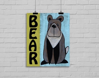 Woodland animal bear art print. Woodland nursery wall decor. Woodland wall art for kids bedroom. Woodland baby shower decor. Animal art