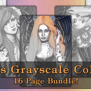GRAYSCALE Coloring Book Pages PRINTABLE Digital Download Gothic Angels Art Women Tattoos Fantasy Portraits Adult