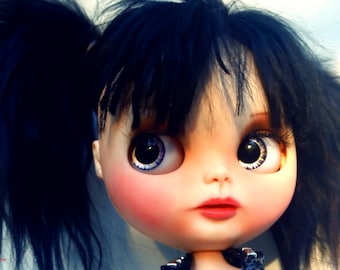 Lucia, a Custom OOAK Blythe Doll by Sandra Coe (Custom #20) Art Doll 12" Figure, Black Suri Alpaca Hair KMFDM Tribute