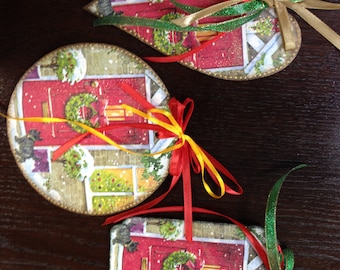 Set of 3 decorative ornaments,Wooden Christmas Ornaments. Handmade Christmas tree ornaments. Christmas tree ornaments. Xmas decor