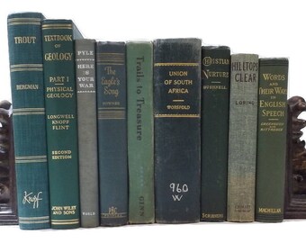 Books By The Foot / Decorative Books / Green Book Stack / Vintage Cloth Bound Books / Distressed Books / Book Stack / Shelf Filler / Prop