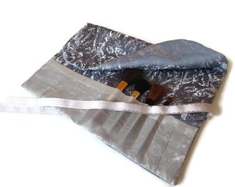 Makeup Brush Roll Blue & Silver Cosmetic Brush Travel Accessory Beauty Gift