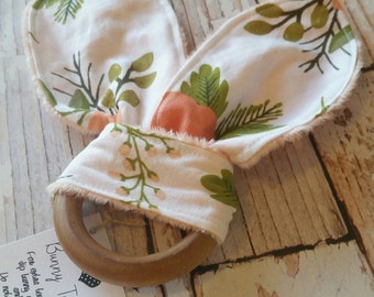 Teething Bunny - Baby Teething Toy - Floral Baby Toy - Wood Teething Ring - Baby Shower Gift - Baby Stocking Stuffer - Bunny Ear Toy