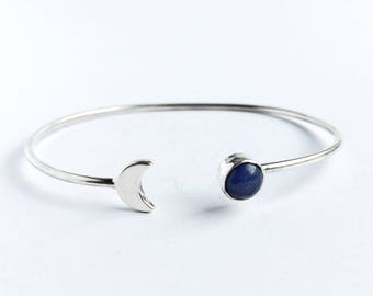 Silver bracelet with lapis lazuli, narrow bangle, bangle with stone, thin bracelet moon, lapis lazuli bangle, boho bangle, unique bangle