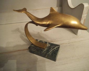 Vintage Brass and Marble Dolphin Statue ~ Mid Century Modern