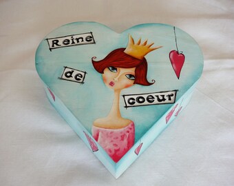 Wood jewelry box heart "Queen of hearts" painting on wood