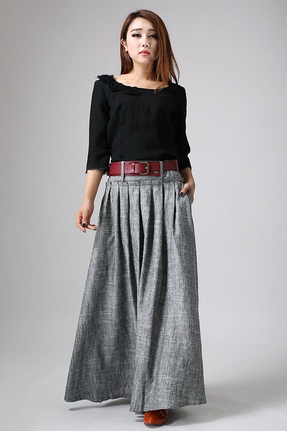 Grey Maxi Skirt Long Linen Skirt Pleat Skirt-Woman