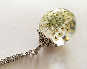 Orb Necklace: White Queen Anne's Lace suspended within a Clear Resin Sphere, Resin Pendant, Pressed Flowers, Resin Jewelry