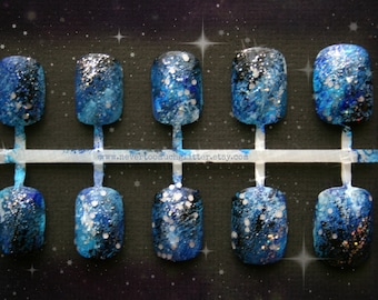 Blue or Purple Galaxy Nails | Galaxy Press On Nails | Short Fake Nails | Galactic Space Nails | Handpainted Designer Nails
