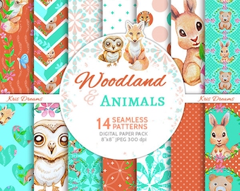 Woodland & Animals Digital Paper Instant Download Owl Fox Rabbit Bear High Quality 8"x8"