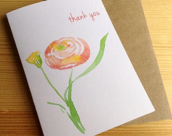Orange Ranunculus Watercolor Thank You Note Cards - Floral Thank You Cards - Garden Flower Cards - Abstract Botanical Note Cards - Set of 6