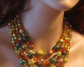 Vintage Four Strand Bead Necklace in Fall Colors