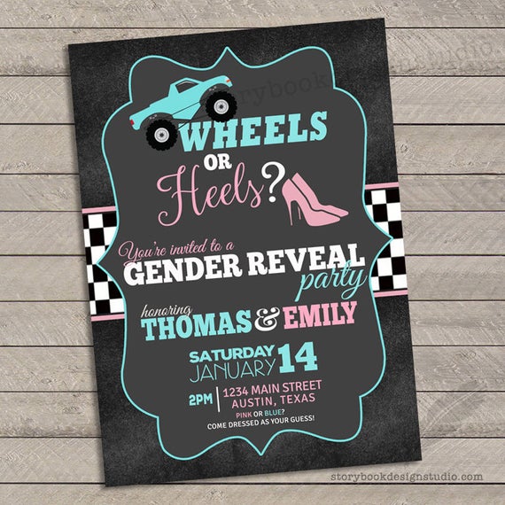 wheels or heels gender reveal invitations baby shower