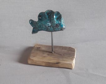fish ceramic Raku backed with iron and wood