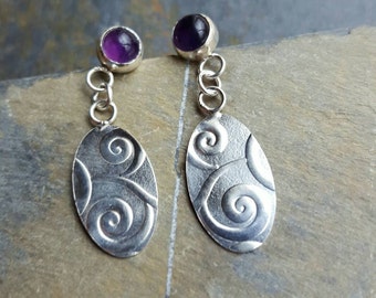 Embossed Sterling Silver and Amethyst Earrings