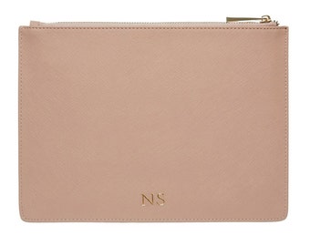 PERSONALISED MONOGRAMMED Genuine Leather Women's Pouch Clutch Taupe Nude Beige