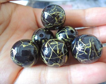10 Pcs Black Acrylic Beads - Gold Veining 18mm (S106)