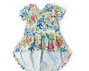 Florence Floral Pleated Peplum Top, Dramatic High/Low Peplum Top, or Knee Length Dress