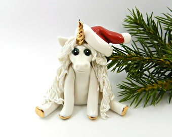 Unicorn Christmas Ornament Figurine wearing Santa Hat
