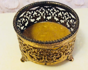 Vintage Gold Filigree and Beveled Glass Jewelry Casket Ormolu Prong Set Footed