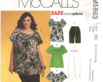 McCall's 5863 Size 8, 10, 12, 14, 16 Women's short flutter sleeve tunic top or dress pattern. Also shorts or capris with elastic waist.