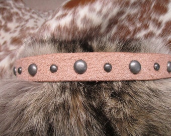 Leather Hatband, Natural Leather, Roughout Leather Hatband with Antique Silver Dome Spots and Adjustable Lace Tie