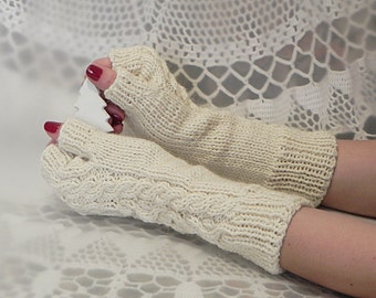 White Wool Mittens Handknit Armwarmer Fingerless Hand Warmers Wrist Arm Warmers Fashion Gloves Winter Mittens Warm Gloves Half Fingerless