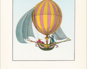 Vintage Balloon Print hot air balloon transport Montgolfier air travel 7 x 9.25 inches