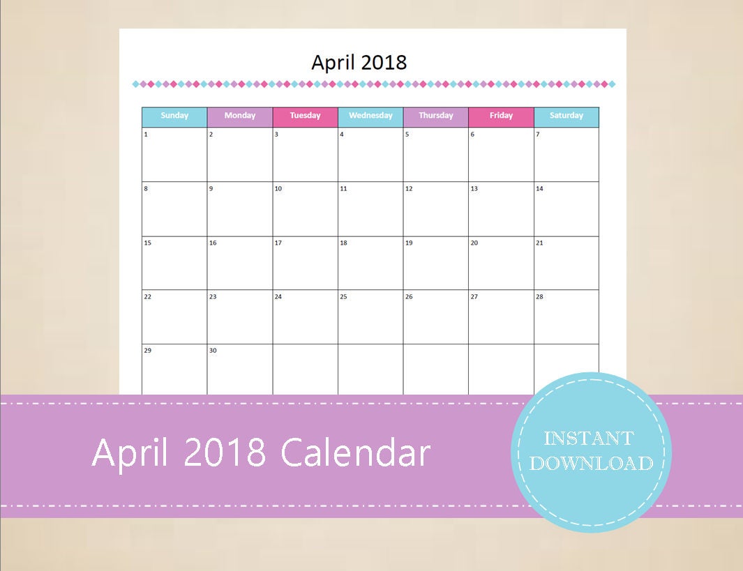 april monthly calendar 2018