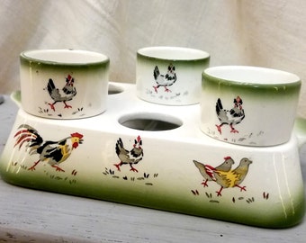 Antique French egg cups carrier made from ceramic airbrushed decoration of chickens years 1920's-1930's - Antique frenchegg cups easter