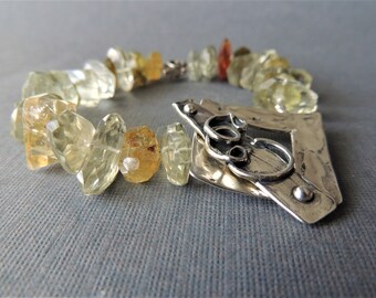 Artisan Jewelry, Statement Bracelet, Artisan Silver Clasp, AAA Green Amethyst, Classic Jewelry, Side Drilled Nuggets, Urban Chic, Fancy