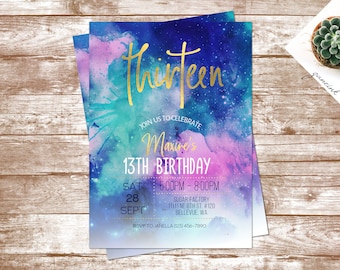Galaxy Watercolor Gold Birthday Invitation, 13th Birthday Invitation, Marble Invitation, 12th Birthday, 14th Birthday, Printable, Digital