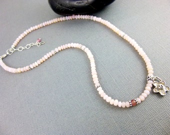 Pink Peruvian Opal & Sapphire Necklace, Heart Chakra Beaded Necklace with Sterling Silver Charm, Healing Crystals, Chakra Jewelry